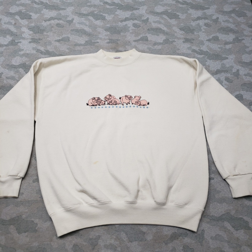 Vintage Crable Sportswear Sweatshirt Womens XL Beige Pigs Pullover USA Crewneck
